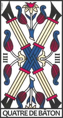 Découvrez la signification du Quatre de Bâtons dans le Tarot de Marseille : amour, travail, argent, stabilité et interprétations complètes.