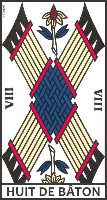 Découvrez la signification du Huit de Bâton dans le Tarot de Marseille : accélération, nouvelles, amour, travail et évolution rapide.