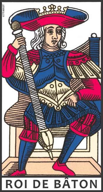 Découvrez la signification du Roi de Bâton dans le Tarot de Marseille : leadership, réussite, amour, travail, finances et accomplissement personnel.
