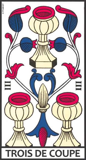 Découvrez la signification complète du Trois de Coupe : amour, célébration, rencontre, travail, finances, famille et interprétations Tarot de Marseille.
