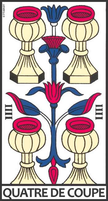 Quatre de Coupe du Tarot de Marseille : amour, retour affectif, travail, finances, famille, santé, de cartes et interprétations détaillées.