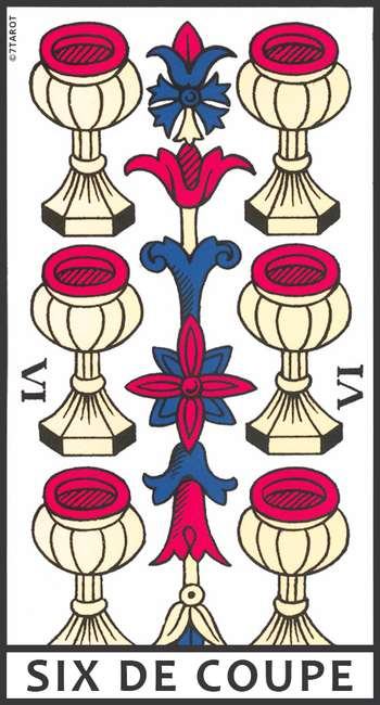Découvrez la signification du Six de Coupe du Tarot de Marseille : amour, retour affectif, famille, travail, finances, santé et avenir.