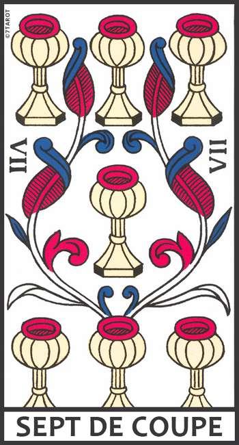 Découvrez la signification du Sept de Coupe : amour, choix, avenir, travail, finances, famille, opportunités et interprétations Tarot.