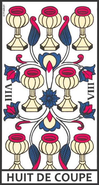 Découvrez la signification du Huit de Coupe : amour, séparation, renouveau, travail, finances, santé, famille et évolution personnelle.