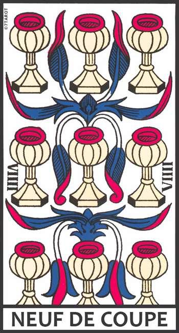 Découvrez le Neuf de Coupe : amour, réussite, bonheur, travail, finances, famille, santé et accomplissement dans le Tarot de Marseille.