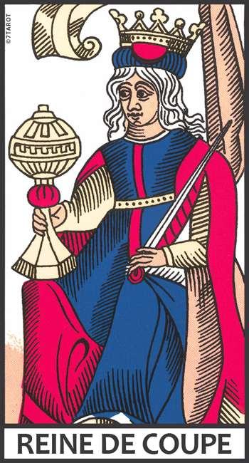 Découvrez la signification de la Reine de Coupe du Tarot de Marseille : amour, intuition, travail, finances, avenir et associations de cartes.