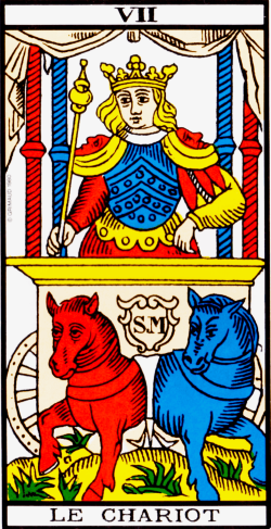 Le Chariot Tarot de Marseille : signification complète, réussite, amour, travail, finances, temps et associations avec arcanes majeurs et mineurs.