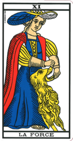 Découvrez la signification de La Force dans le Tarot de Marseille : maîtrise émotionnelle, courage, amour, travail et évolution positive.