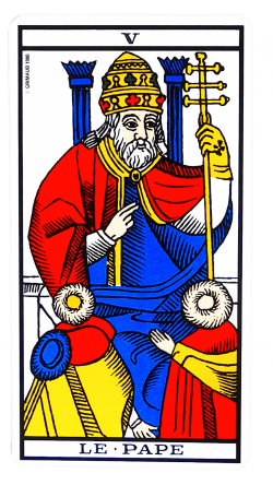 Le Pape Tarot de Marseille : signification complète, amour, travail, santé, temps et associations avec arcanes majeurs et mineurs.